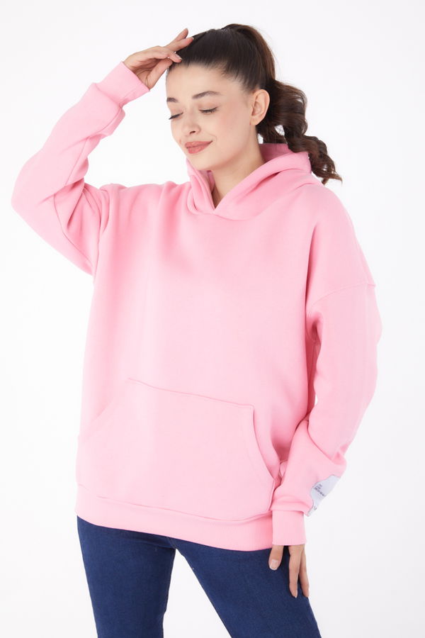 Düz Kapşonlu Yaka Kadın Pembe Kapşonlu Sweat  - 26219 PEMBE