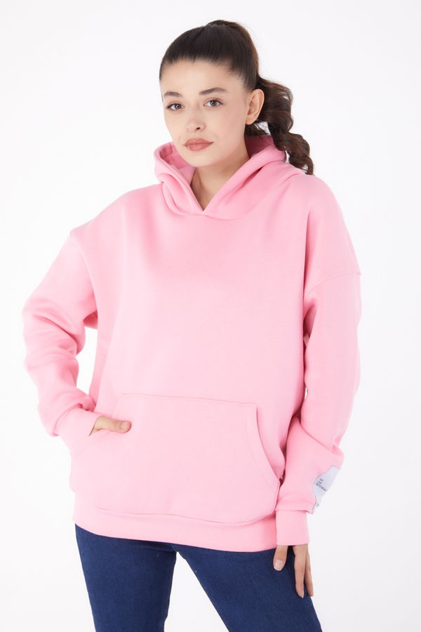 Düz Kapşonlu Yaka Kadın Pembe Kapşonlu Sweat  - 26219 PEMBE