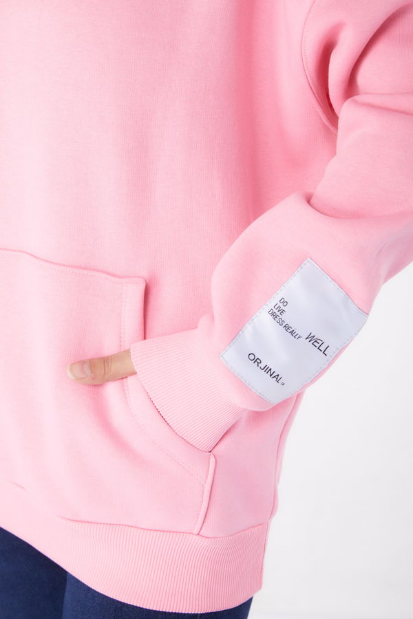 Düz Kapşonlu Yaka Kadın Pembe Kapşonlu Sweat  - 26219 PEMBE