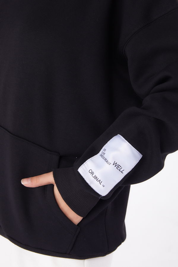 Düz Kapşonlu Yaka Kadın Siyah Kapşonlu Sweat  - 26219 SİYAH