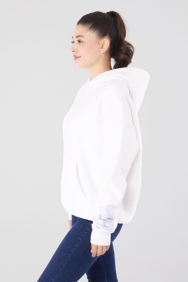 Düz Kapşonlu Yaka Kadın Beyaz Kapşonlu Sweat  - 26219 BEYAZ