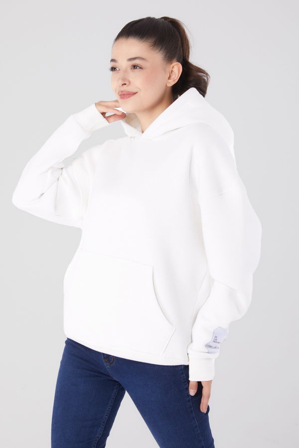 Düz Kapşonlu Yaka Kadın Beyaz Kapşonlu Sweat  - 26219 BEYAZ