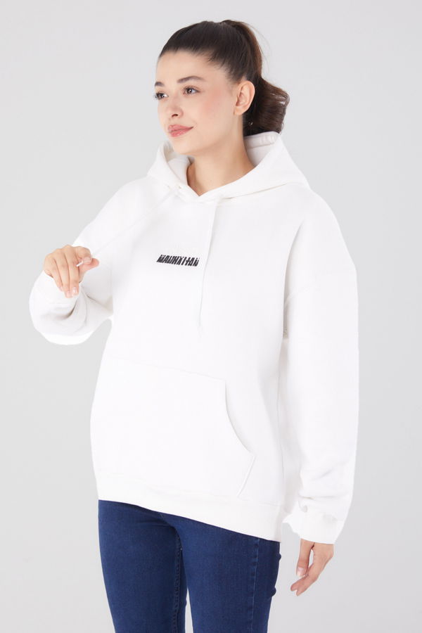 Düz Kapşonlu Yaka Kadın Beyaz Kapşonlu Sweat  - 26220 BEYAZ
