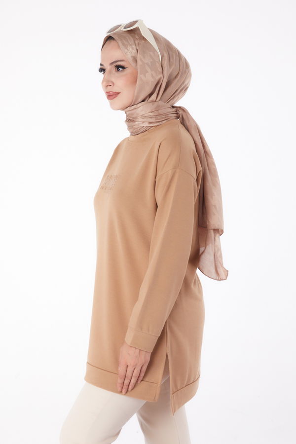 Düz Bisiklet Yaka Kadın Vizon Sweat - 26200 VİZON