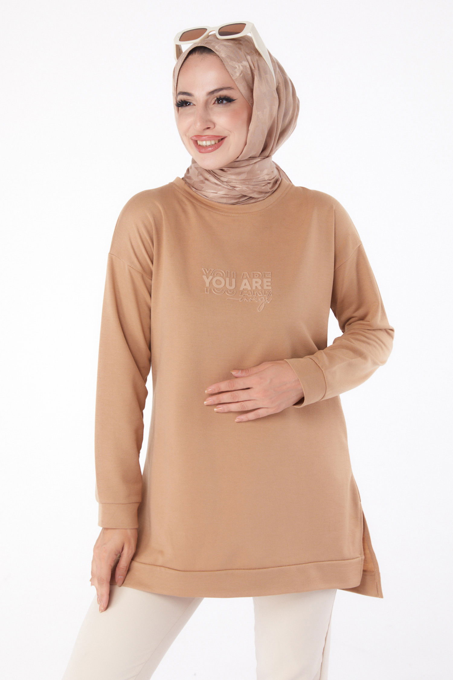 Düz Bisiklet Yaka Kadın Vizon Sweat - 26200 VİZON