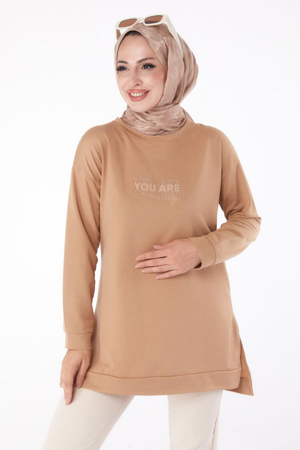 Düz Bisiklet Yaka Kadın Vizon Sweat - 26200 VİZON