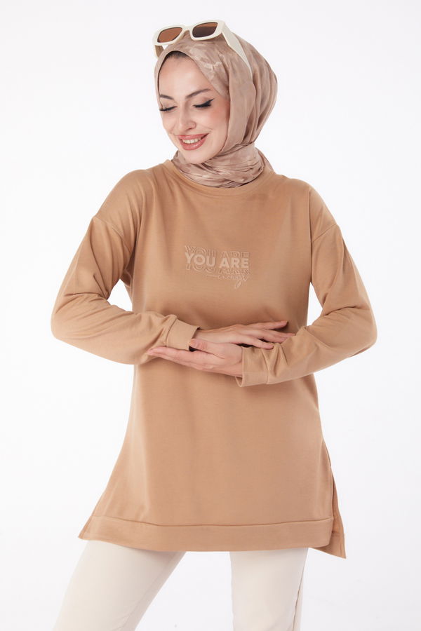 Düz Bisiklet Yaka Kadın Vizon Sweat - 26200 VİZON