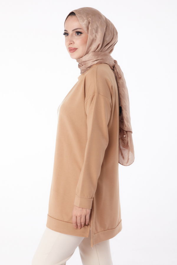 Düz Bisiklet Yaka Kadın Vizon Sweat - 26202 VİZON