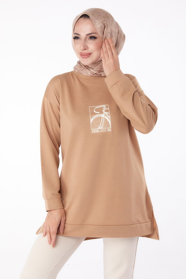 Düz Bisiklet Yaka Kadın Vizon Sweat - 26202 VİZON