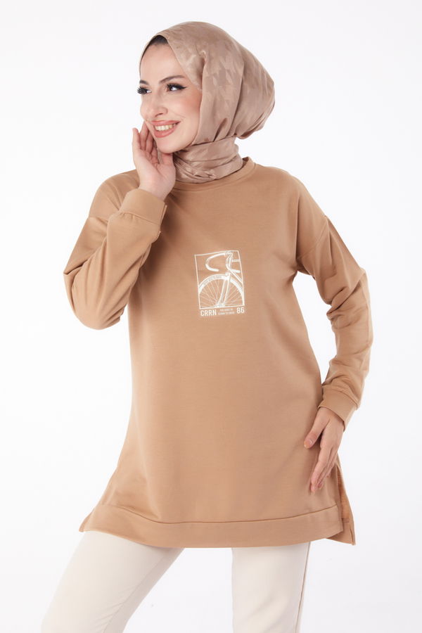 Düz Bisiklet Yaka Kadın Vizon Sweat - 26202 VİZON