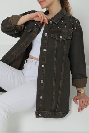 Kadın Omuz Taş Detaylı Oversize Kot Ceket - 26616