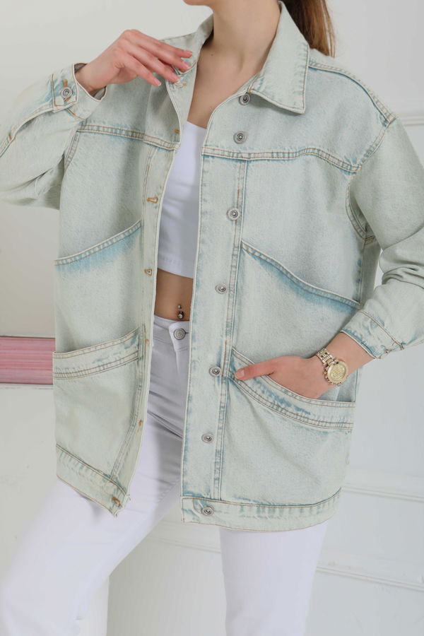 Kadın Oversize Çift Cep Detaylı Kot Ceket - 26589