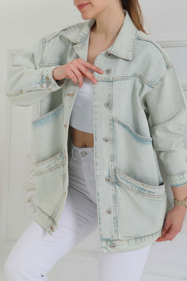 Kadın Oversize Çift Cep Detaylı Kot Ceket - 26589