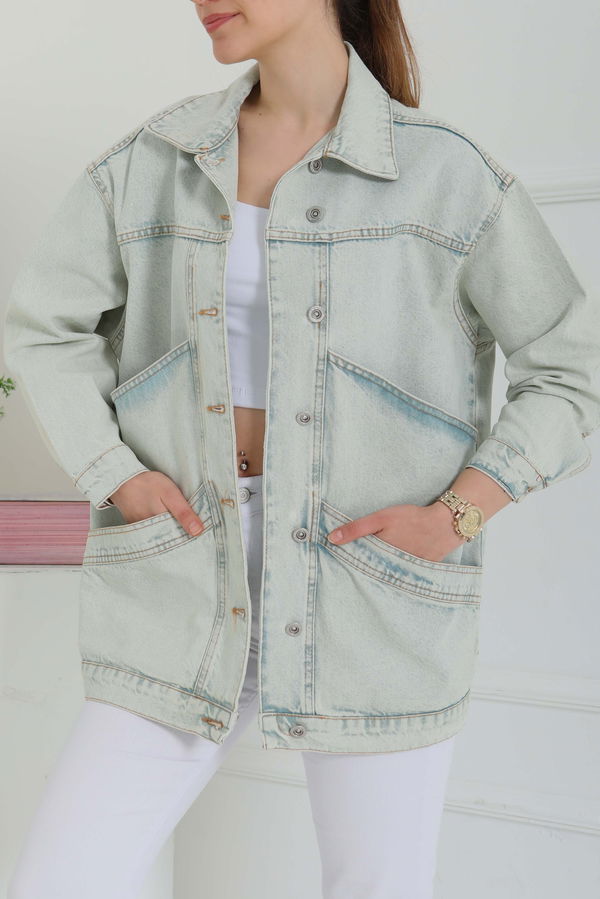 Kadın Oversize Çift Cep Detaylı Kot Ceket - 26589