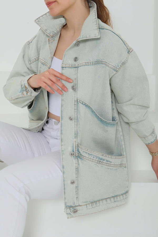 Kadın Oversize Çift Cep Detaylı Kot Ceket - 26589