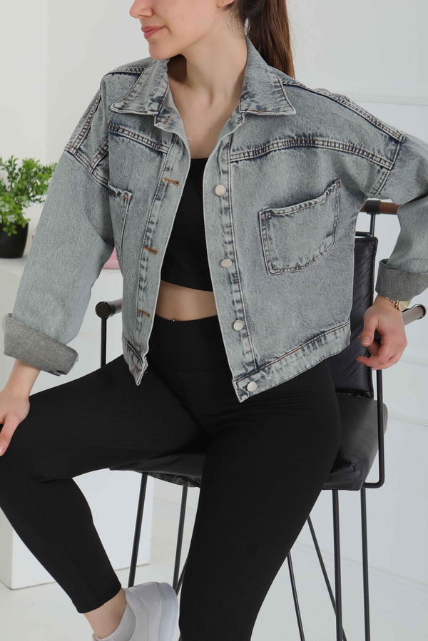 Kadın Çift Cepli Crop Kot Ceket - 26573