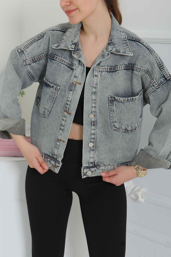 Kadın Çift Cepli Crop Kot Ceket - 26573