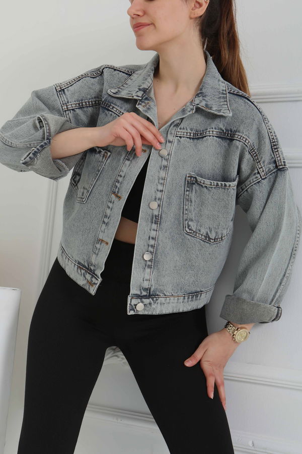 Kadın Çift Cepli Crop Kot Ceket - 26573