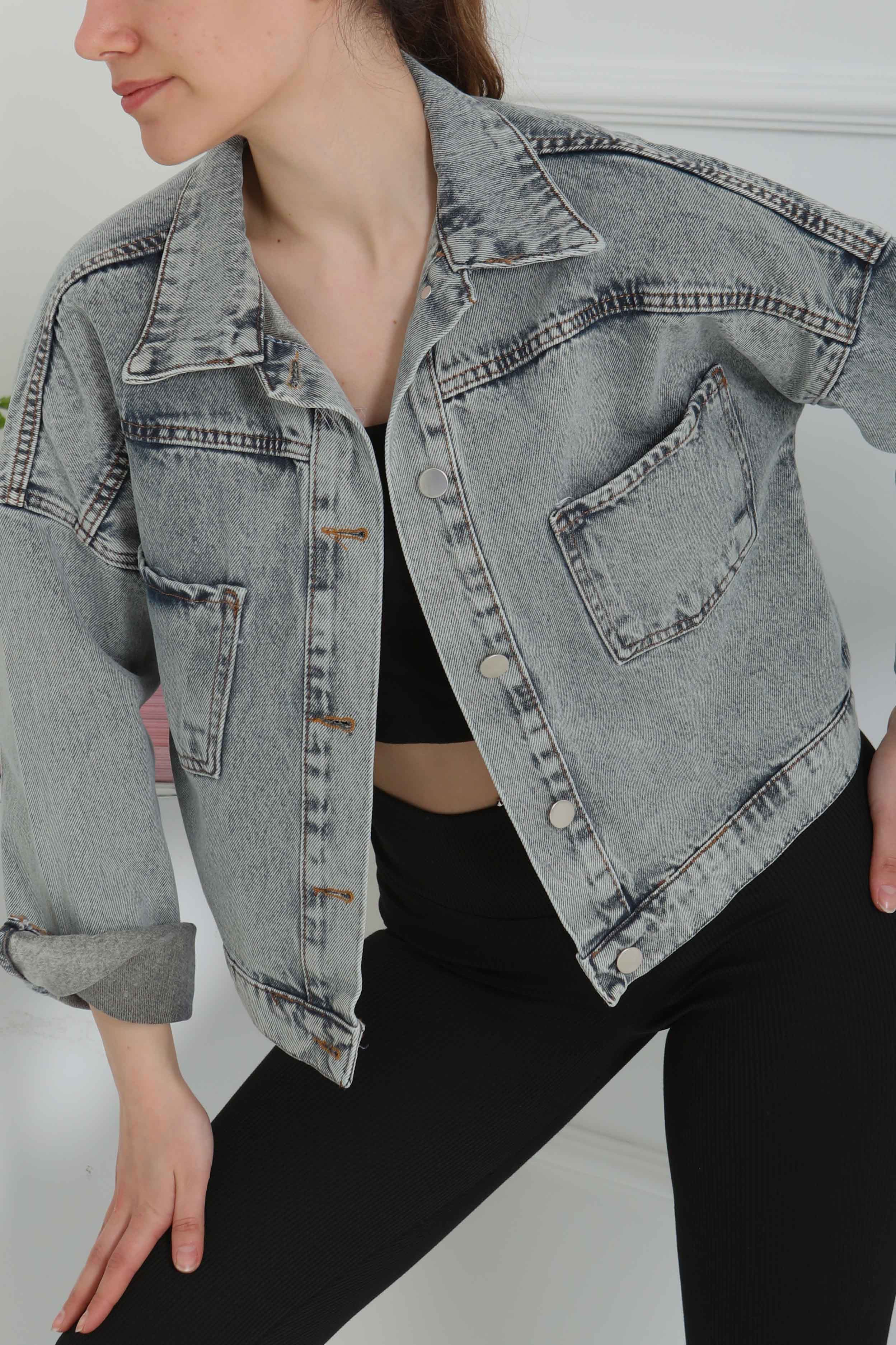 Kadın Çift Cepli Crop Kot Ceket - 26573