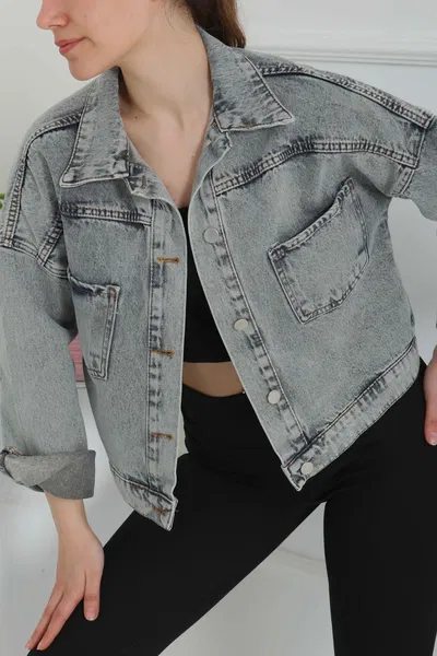 Kadın Çift Cepli Crop Kot Ceket - 26573