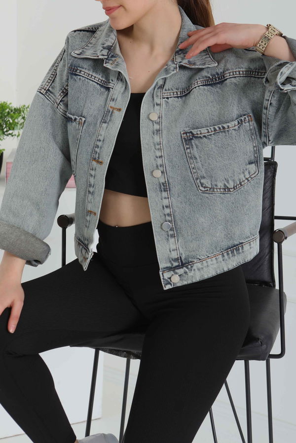 Kadın Çift Cepli Crop Kot Ceket - 26573