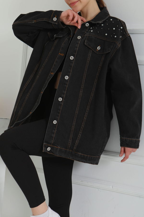 Kadın Omuz Taş Detaylı Oversize Kot Ceket - 26616