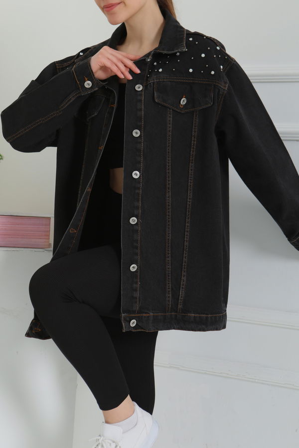 Kadın Omuz Taş Detaylı Oversize Kot Ceket - 26616