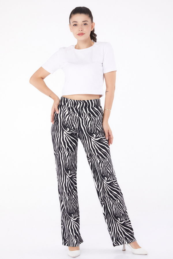 Düz V Yaka Kadın Siyah Zebra Desenli Pantolon - 26210 SİYAH