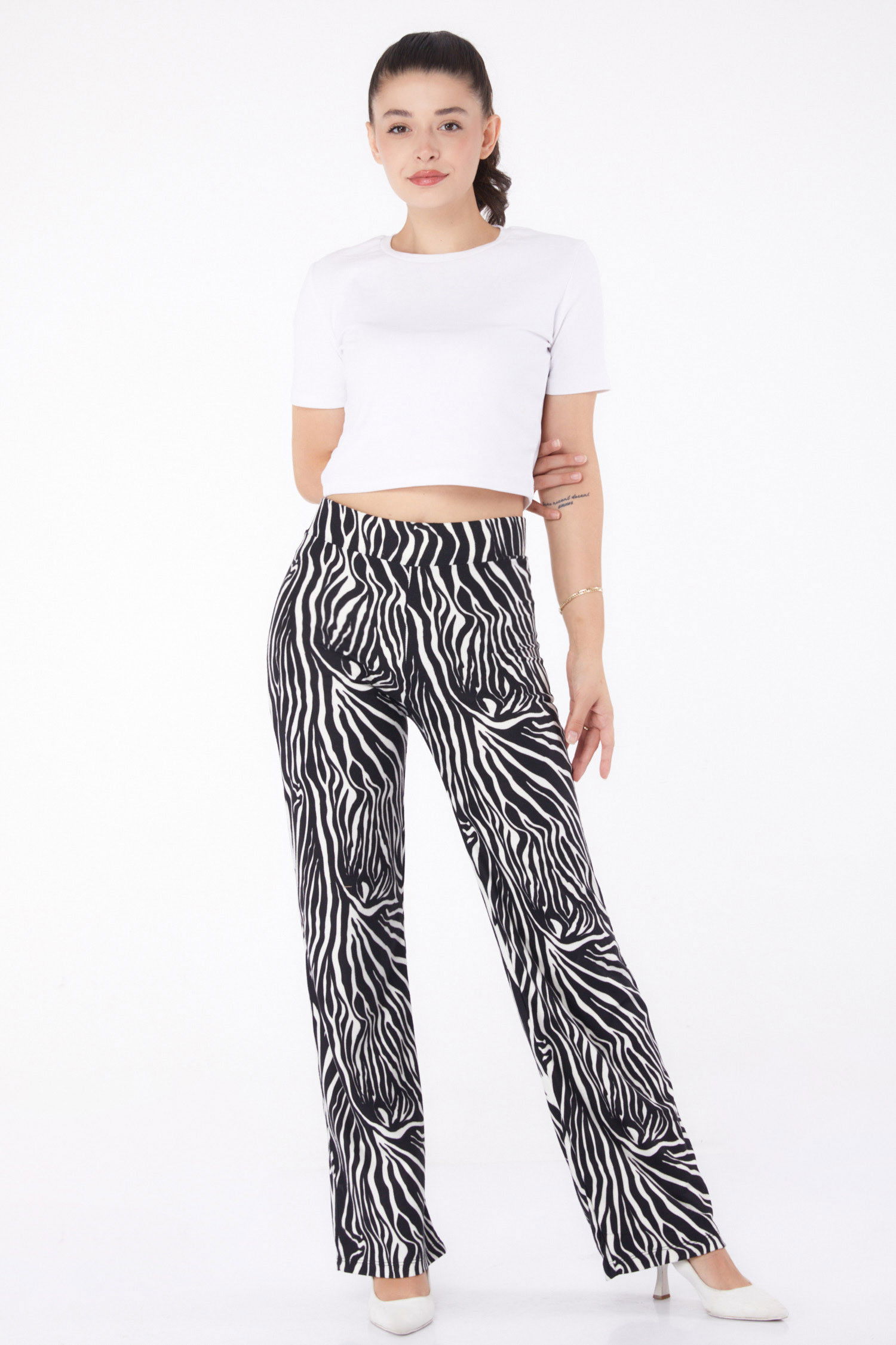 Düz V Yaka Kadın Siyah Zebra Desenli Pantolon - 26210 SİYAH