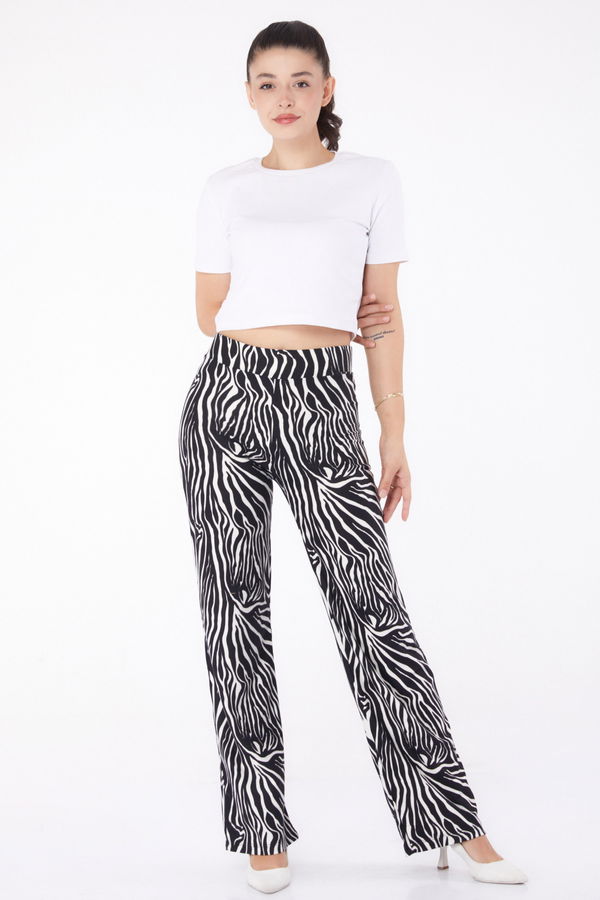 Düz V Yaka Kadın Siyah Zebra Desenli Pantolon - 26210 SİYAH