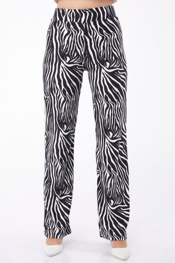 Düz V Yaka Kadın Siyah Zebra Desenli Pantolon - 26210 SİYAH