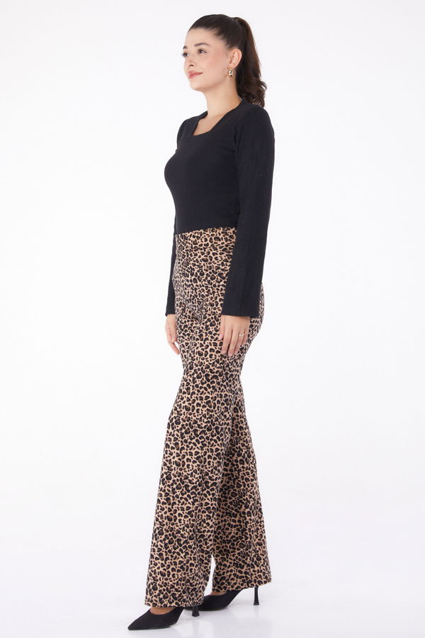 Düz V Yaka Kadın Vizon Leopar Desenli Pantolon - 26211