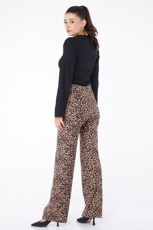 Düz V Yaka Kadın Vizon Leopar Desenli Pantolon - 26211