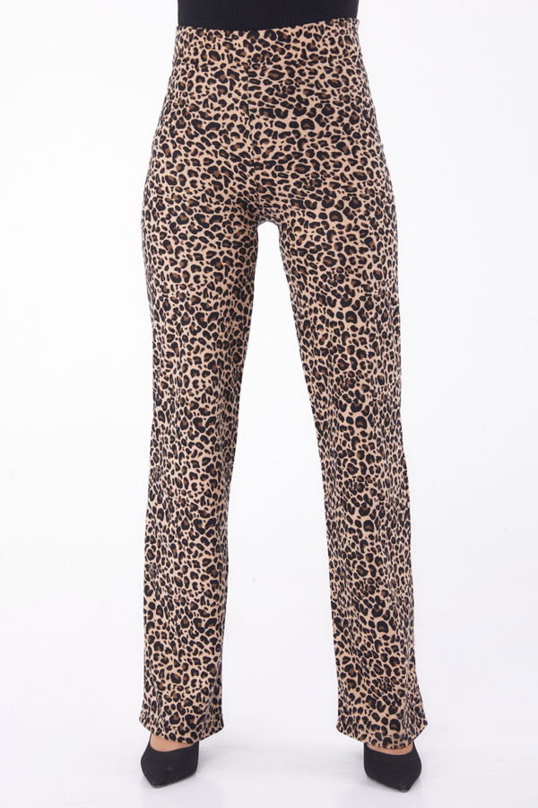 Düz V Yaka Kadın Vizon Leopar Desenli Pantolon - 26211