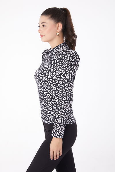 Düz Yarım Balıkçı Yaka Kadın Siyah Leopar Desenli Bluz - 26217