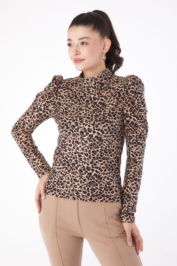 Düz Yarım Balıkçı Yaka Kadın Vizon Leopar Desenli Bluz - 26217