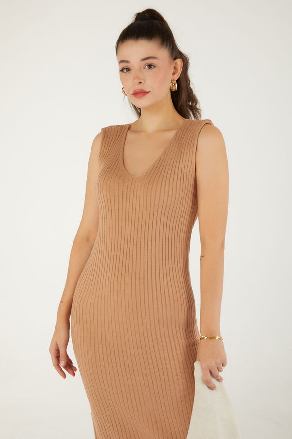 Düz Orta Kadın Vizon Elbise Bolero Triko Takım - 26470 VİZON