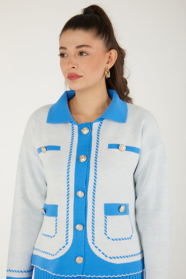 Düz Orta Kadın Mavi Elbise Bolero Triko Takım - 26470