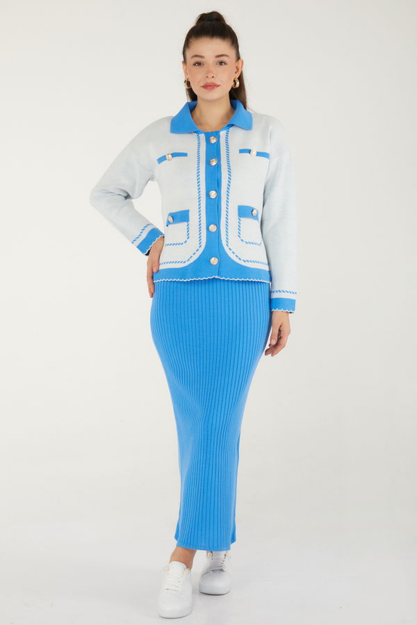 Düz Orta Kadın Mavi Elbise Bolero Triko Takım - 26470