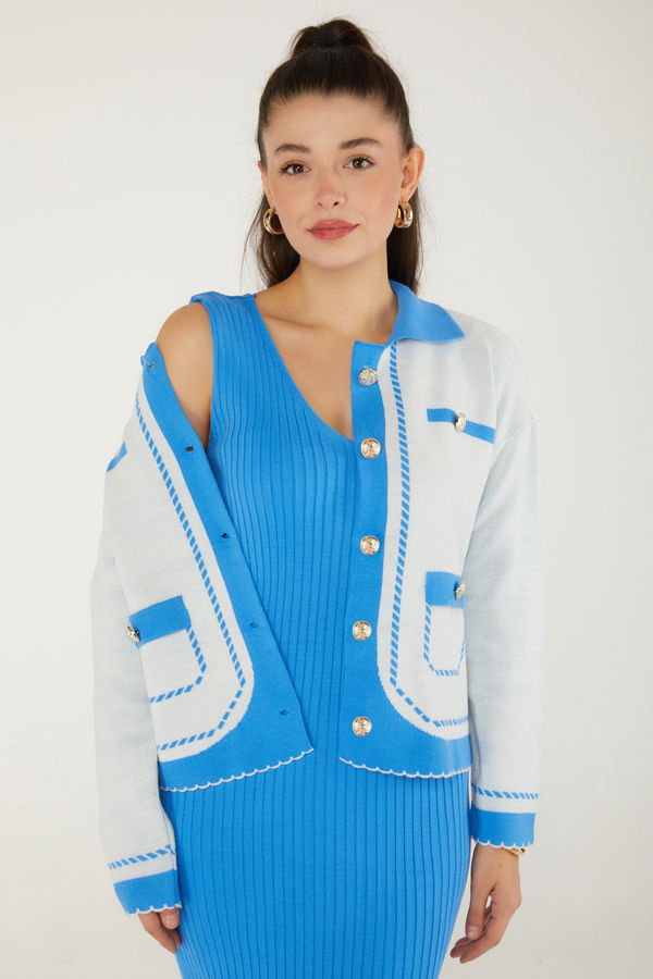 Düz Orta Kadın Mavi Elbise Bolero Triko Takım - 26470