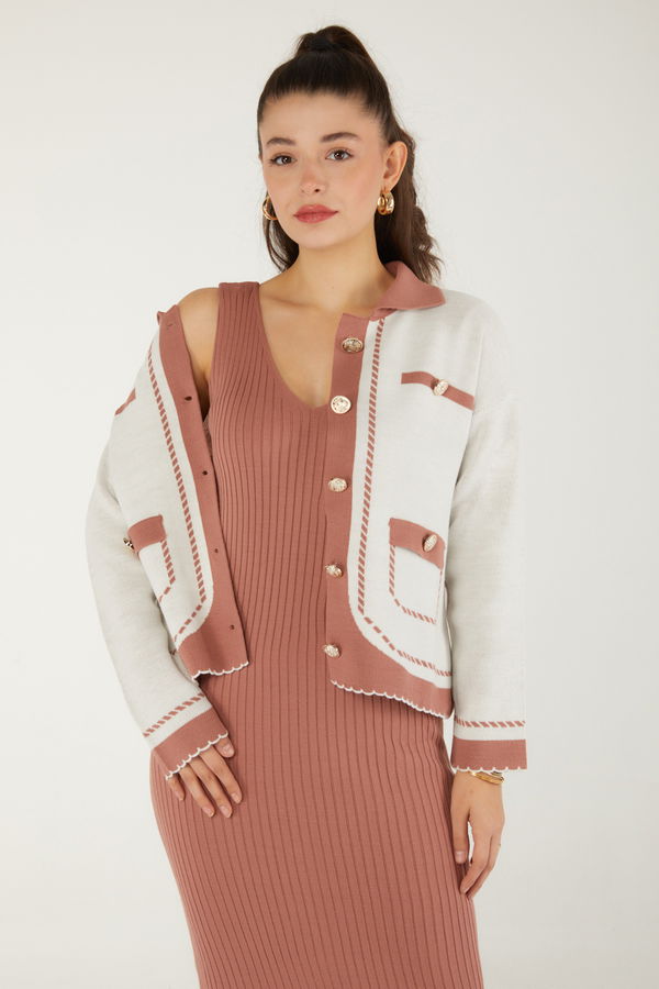 Düz Orta Kadın Pembe Elbise Bolero Triko Takım - 26470