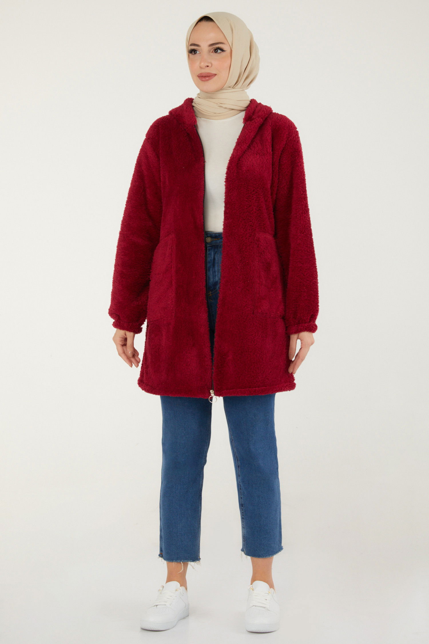 Düz Kapşonlu Yaka Kadın Bordo Peluş Mont - 13352 BORDO