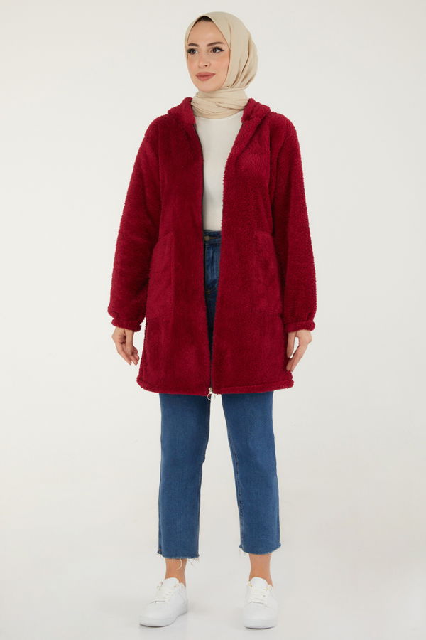 Düz Kapşonlu Yaka Kadın Bordo Peluş Mont - 13352 BORDO