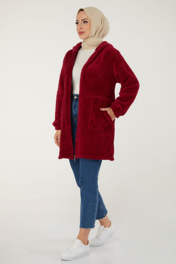 Düz Kapşonlu Yaka Kadın Bordo Peluş Mont - 13352 BORDO
