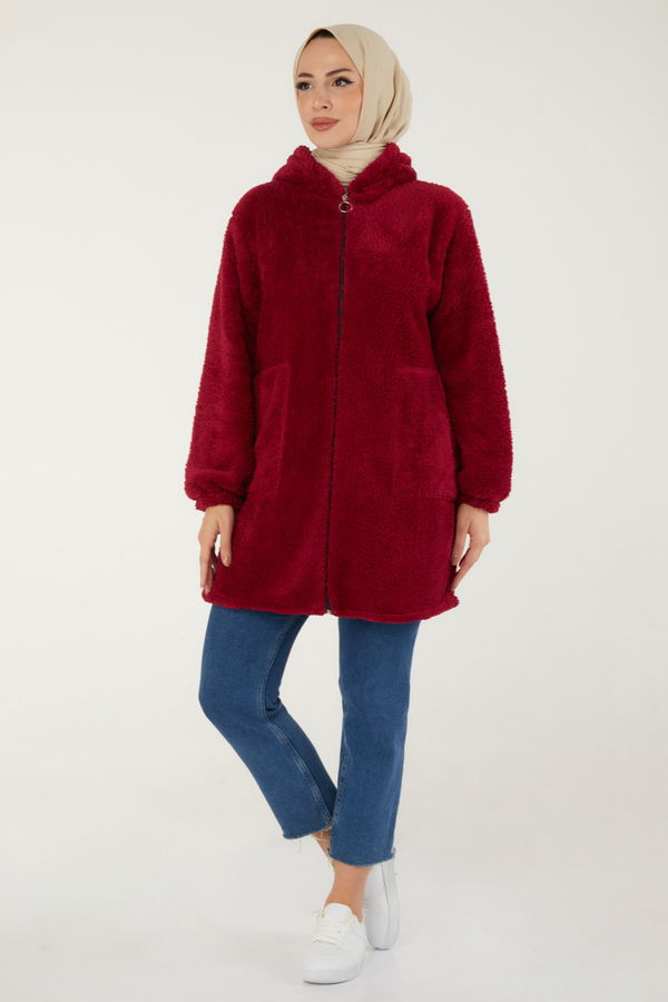 Düz Kapşonlu Yaka Kadın Bordo Peluş Mont - 13352 BORDO