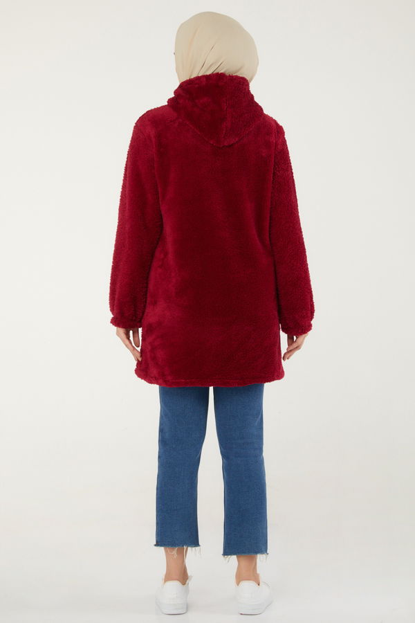 Düz Kapşonlu Yaka Kadın Bordo Peluş Mont - 13352 BORDO