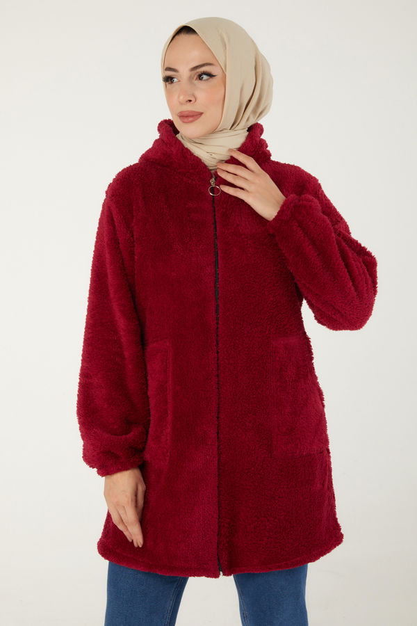 Düz Kapşonlu Yaka Kadın Bordo Peluş Mont - 13352 BORDO