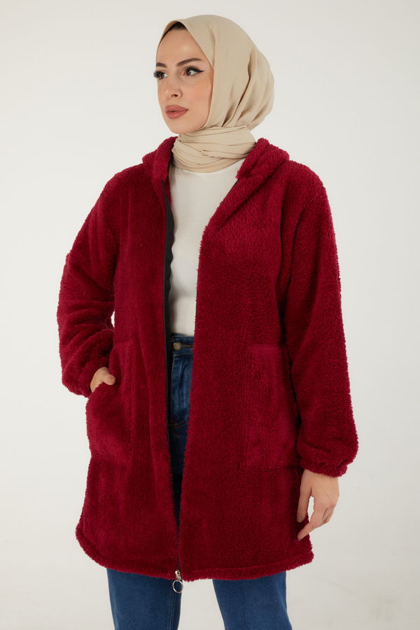 Düz Kapşonlu Yaka Kadın Bordo Peluş Mont - 13352 BORDO
