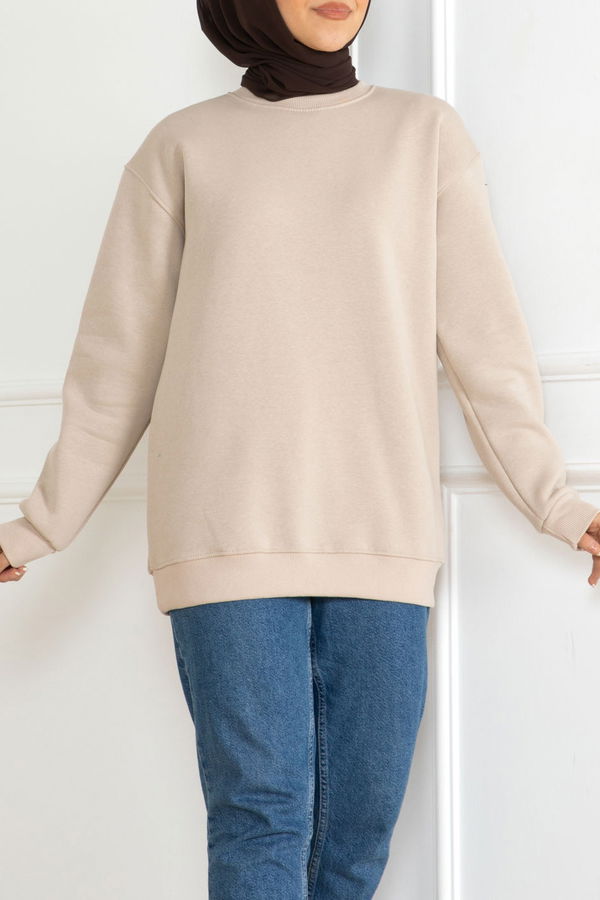 Düz Orta Kadın Bej Sweatshirt - 26617