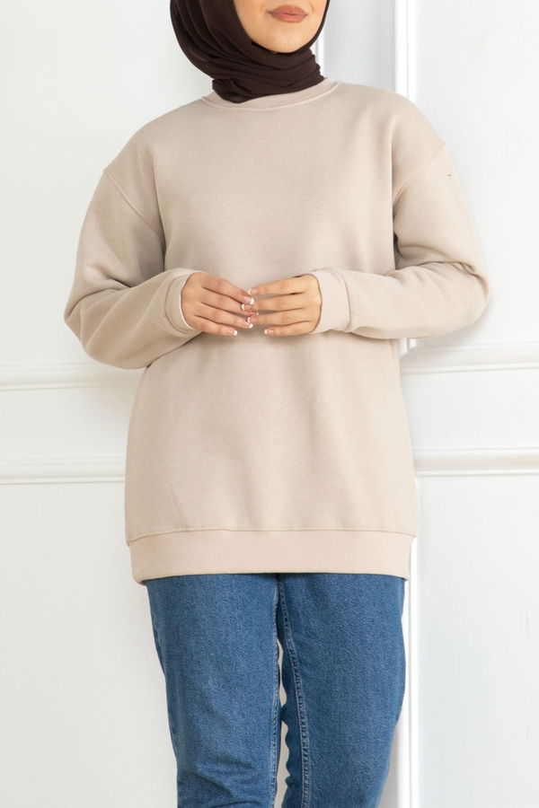 Düz Orta Kadın Bej Sweatshirt - 26617